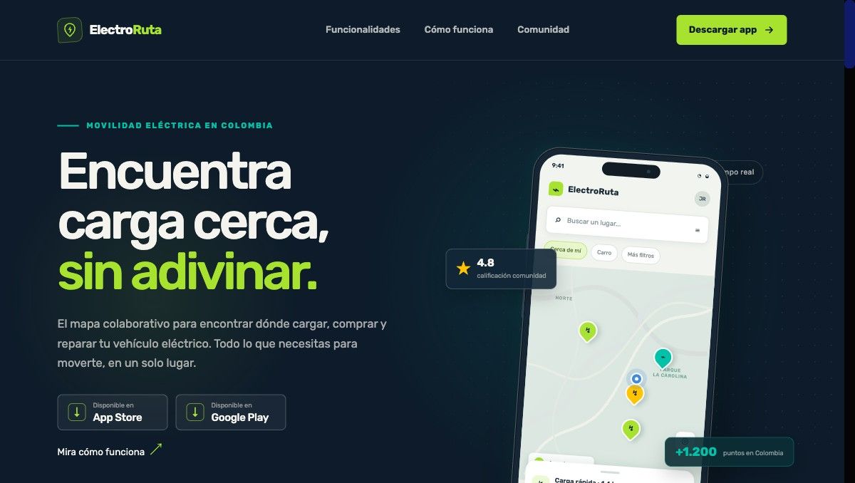 Pantallas de Electroruta, app de movilidad eléctrica para Colombia