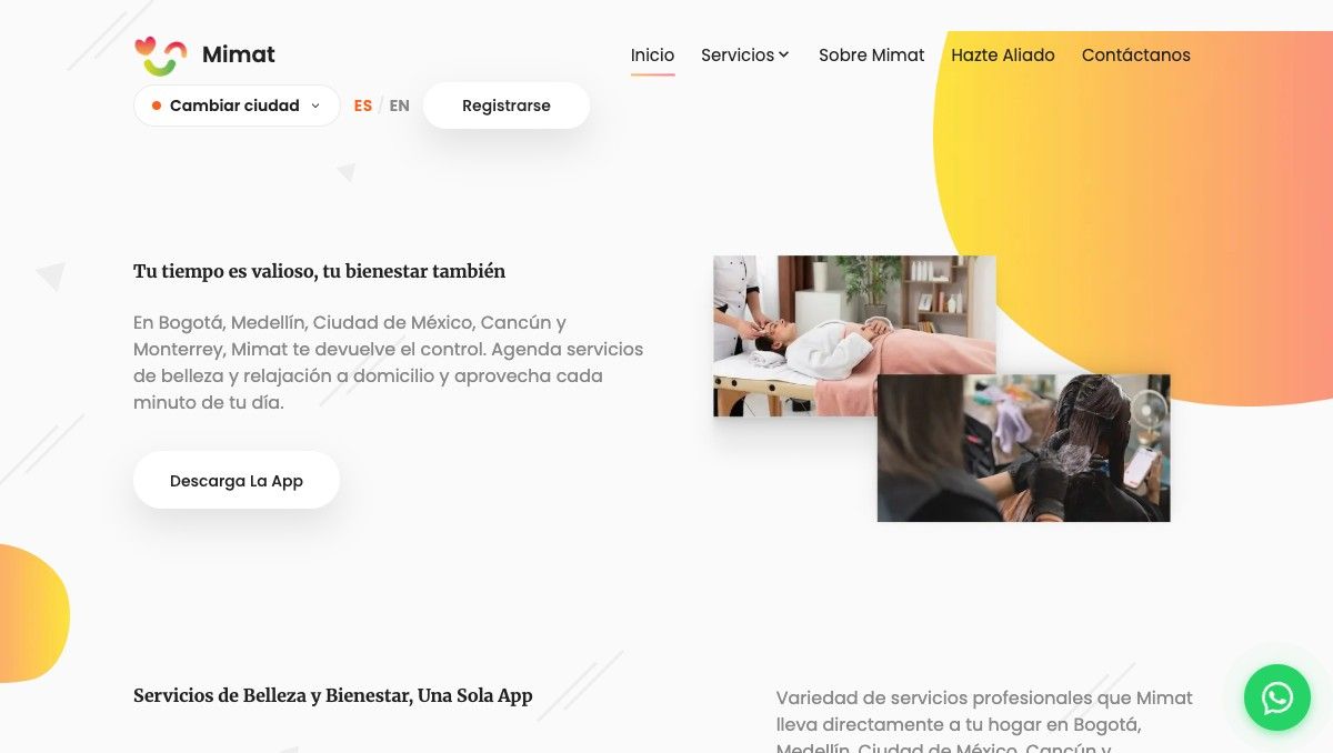 Interfaz de Mimat, marketplace de belleza y bienestar a domicilio